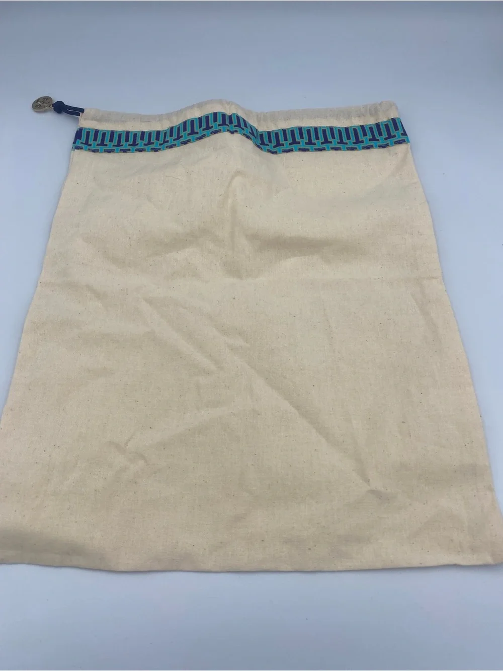Tory Burch Natural Canvas Drawstring Bag with Blue Trim